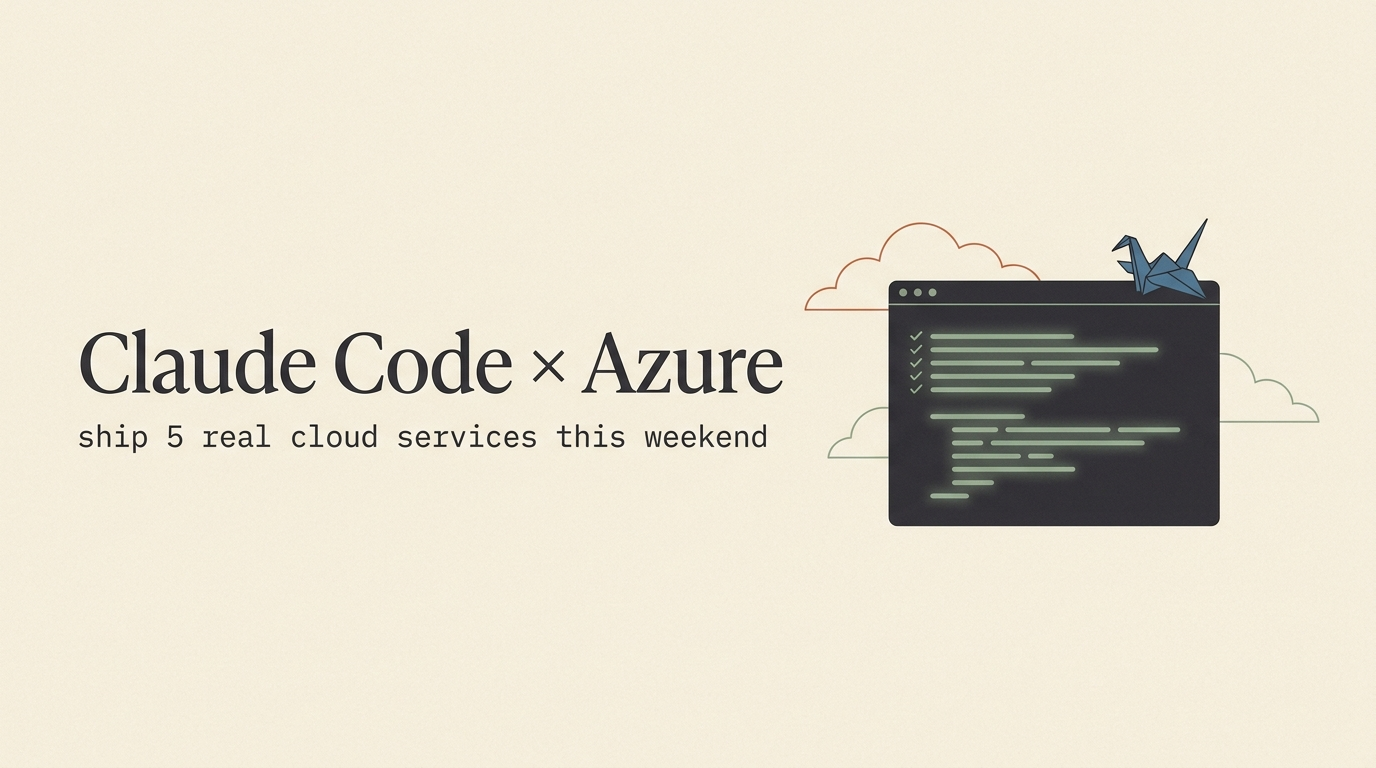 Claude Code × Azure course cover — a terminal with a blue origami crane